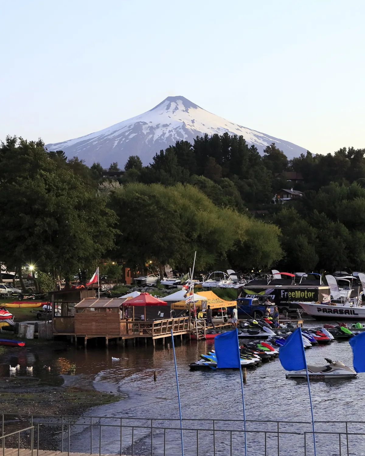 Pucón marina on Lago Villarrica with the volcano behind