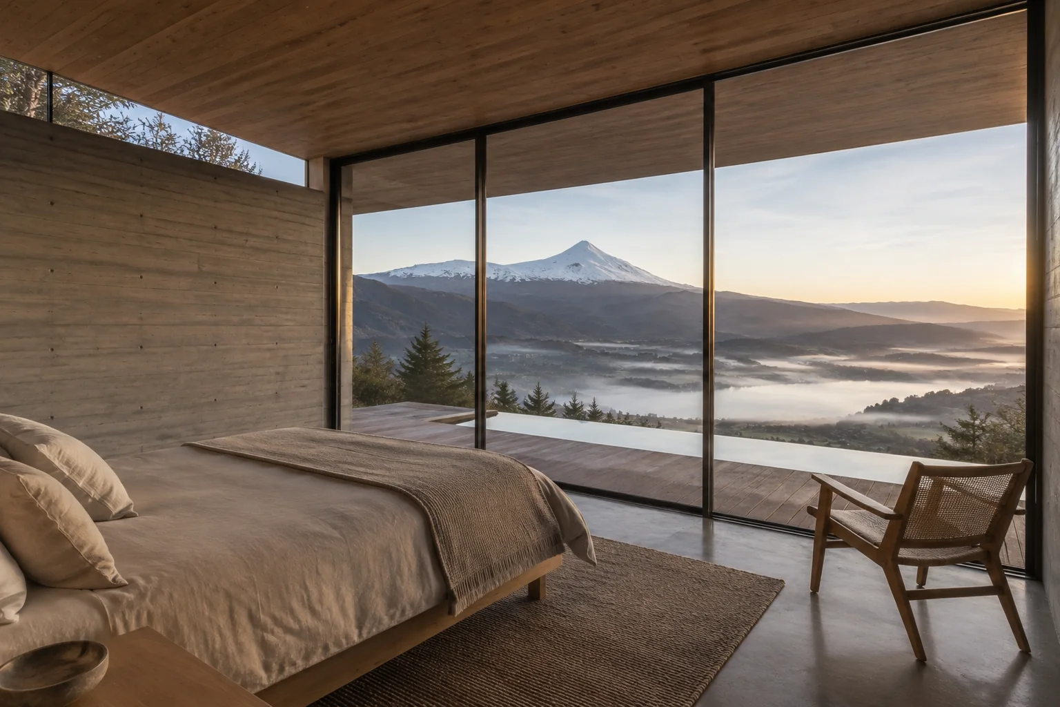 Main bedroom: bed facing the glass wall, the pool and Villarrica beyond, concrete wall behind, timber ceiling