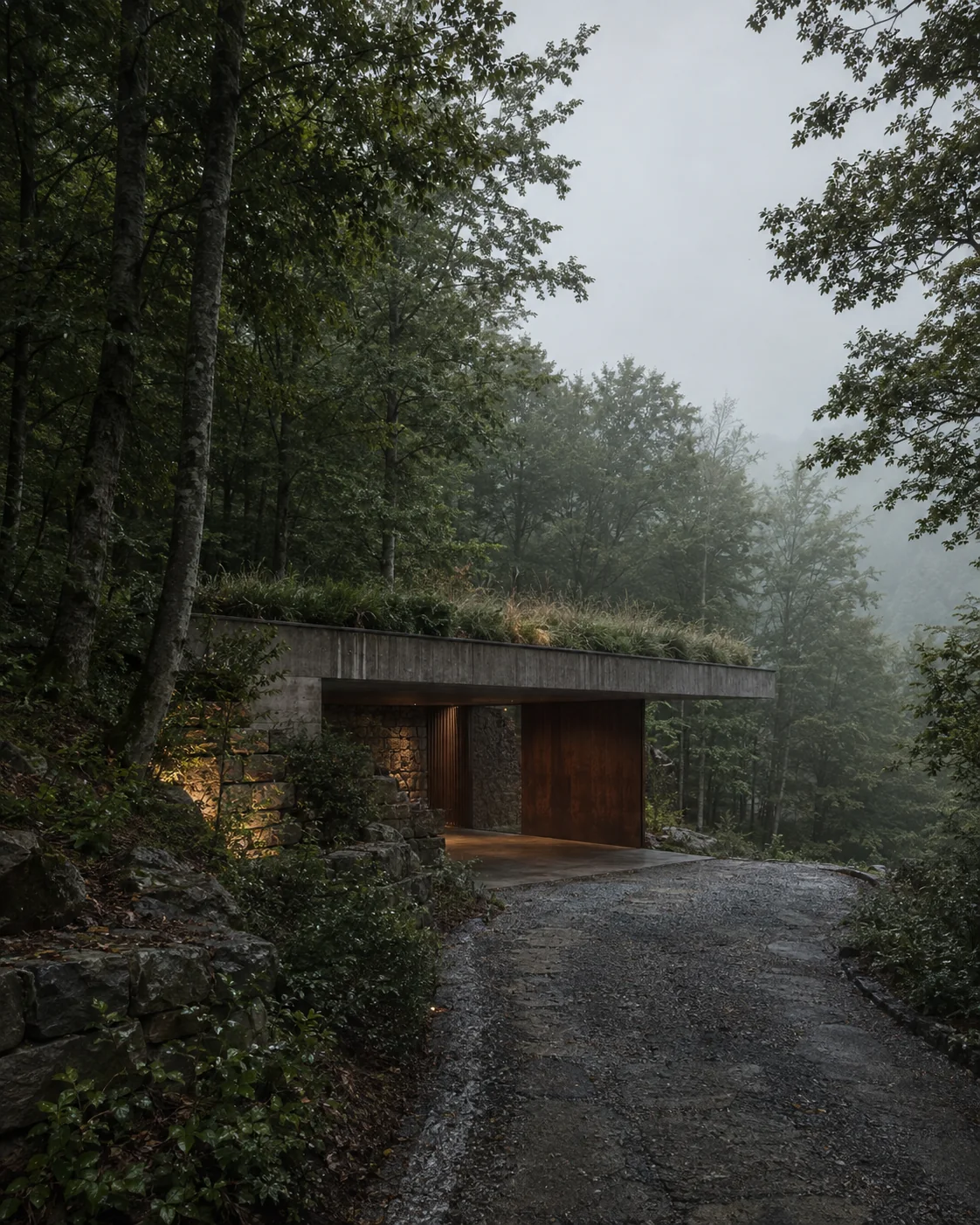 Arriving from the road: a concrete lintel with a planted roof, a corten door, dry-stone walls, wet gravel, forest. The house itself is not visible.