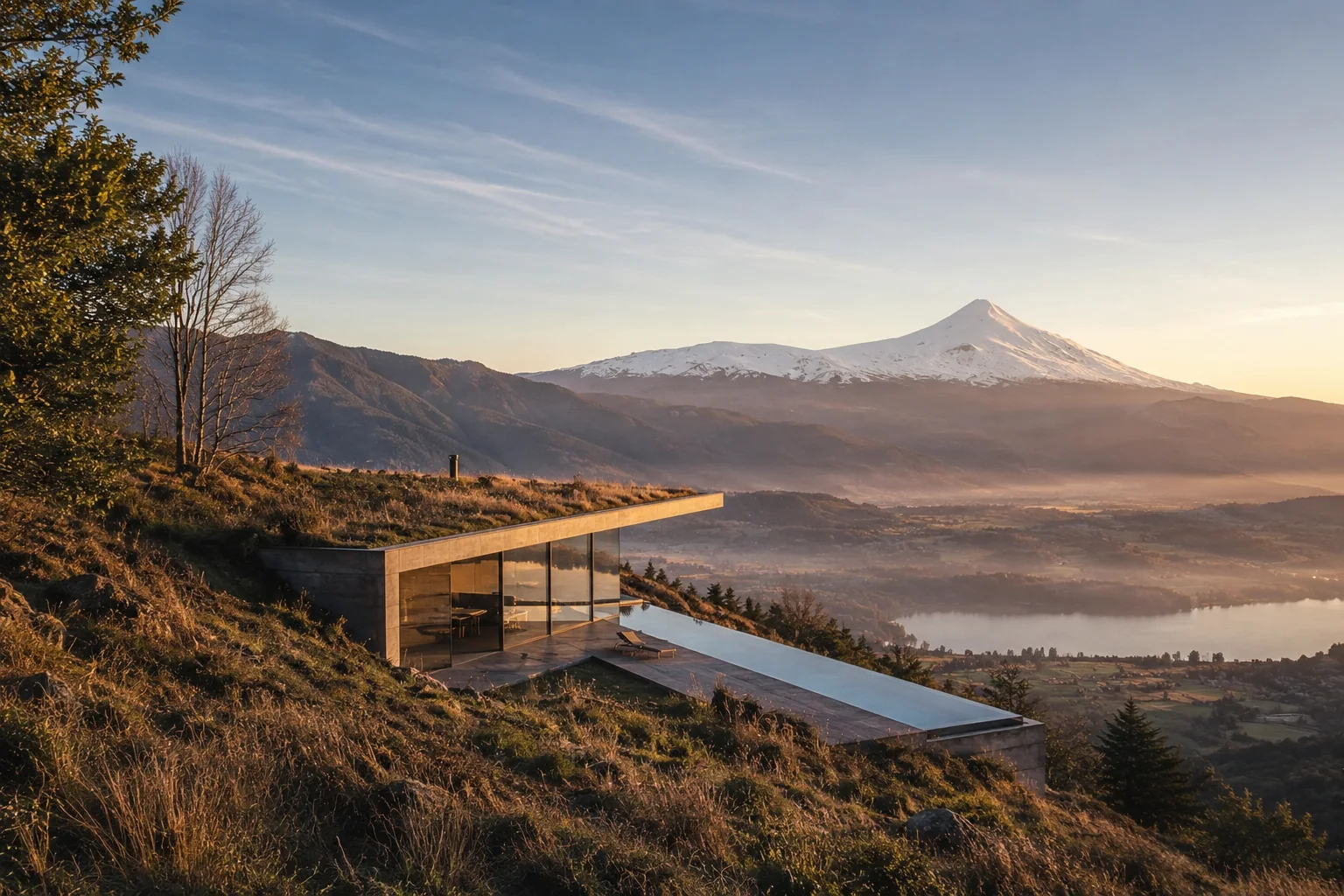 A single-storey house set into the Coilaco hillside, infinity pool towards Villarrica