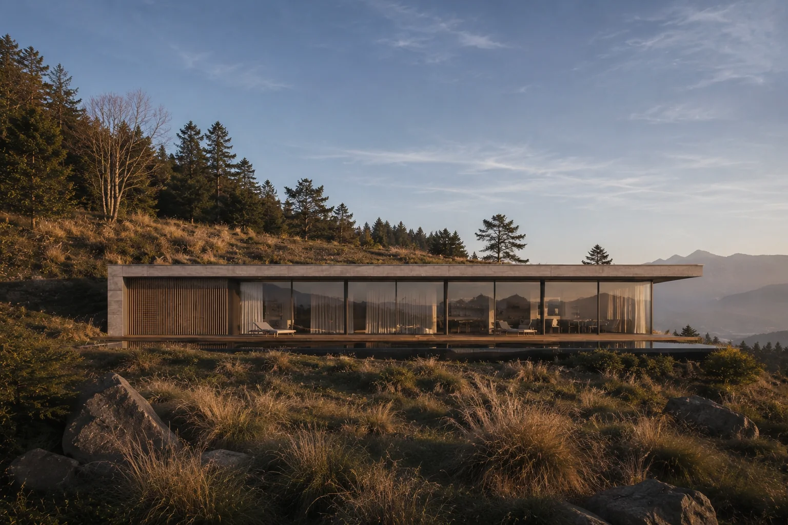 The house from the slope below: one long bar, glass along the valley side, planted roof continuing the hill
