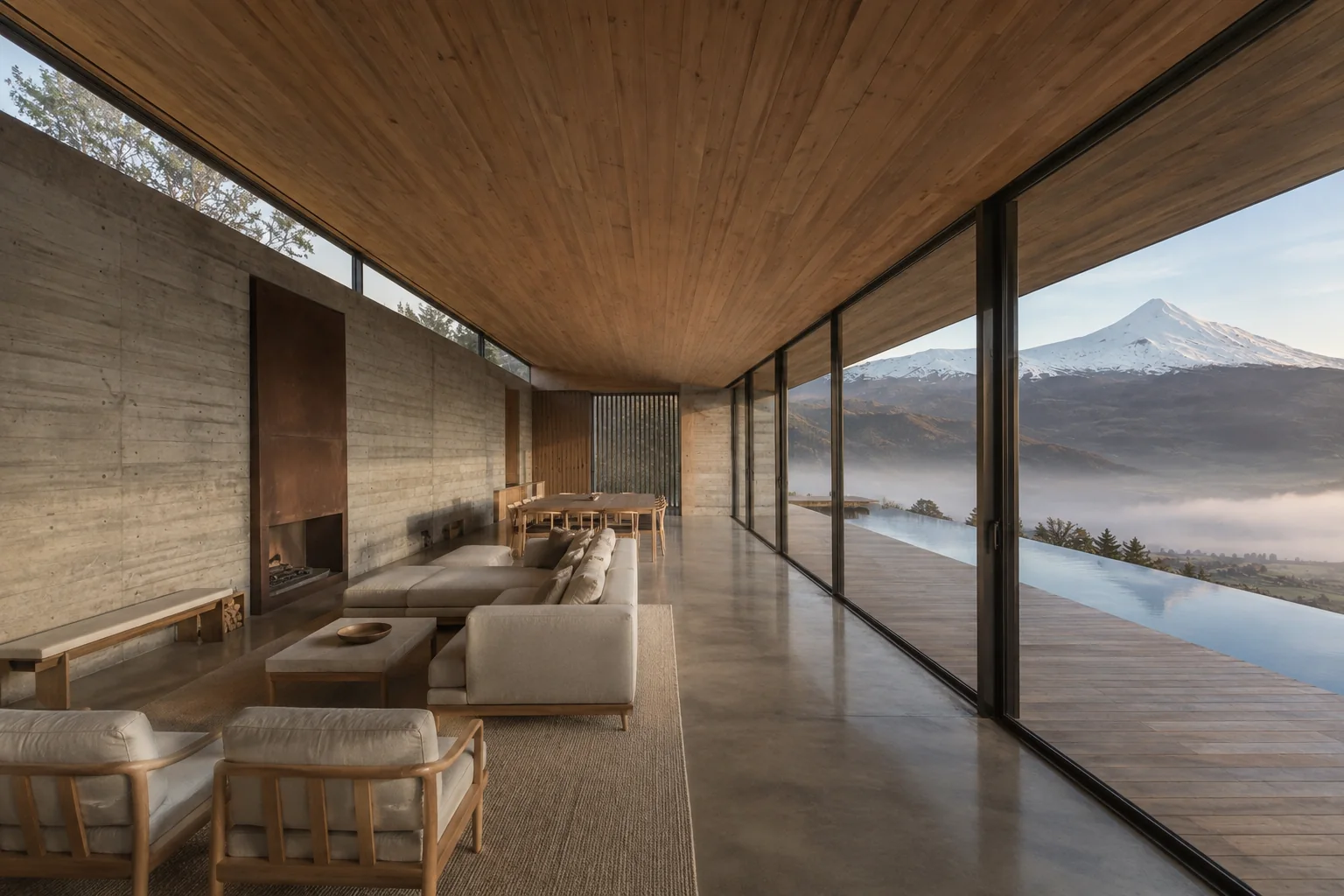 Living room: concrete wall with a corten fireplace and a clerestory band above it, timber ceiling, full-height glass towards the pool and Villarrica