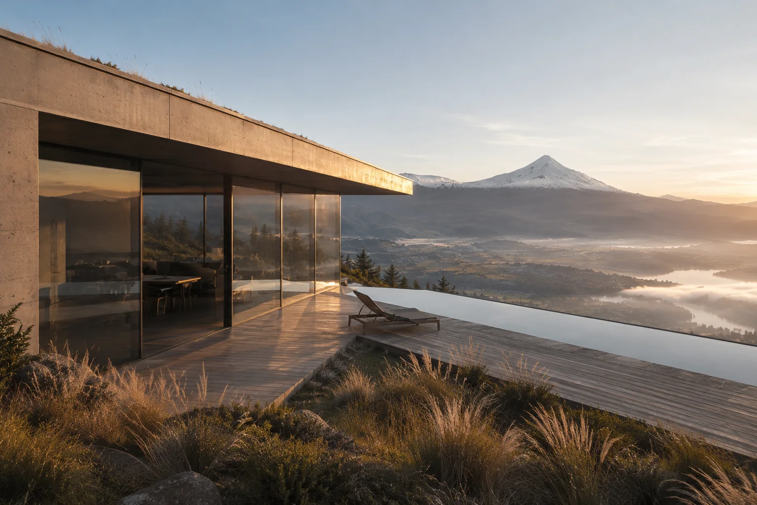 Deck and infinity pool continuing the living-room floor; the pool edge meets the horizon with Villarrica behind